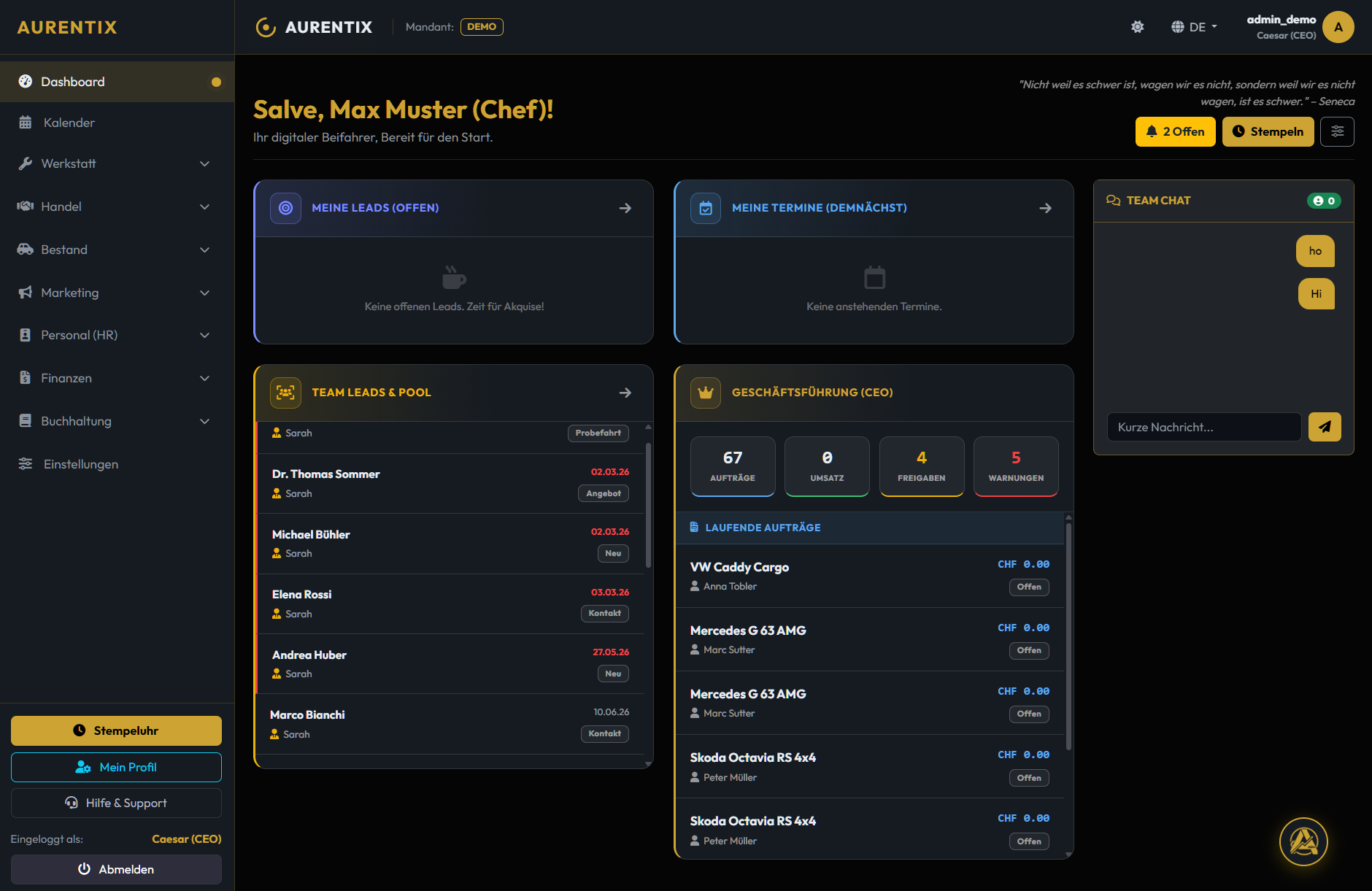 Aurentix Dashboard – Übersicht aller Werkstatt- und Verkaufsaufträge